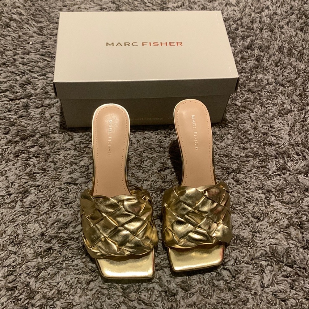 Marc Fisher Gold 3.5 Inch heel with braided strap and square toe